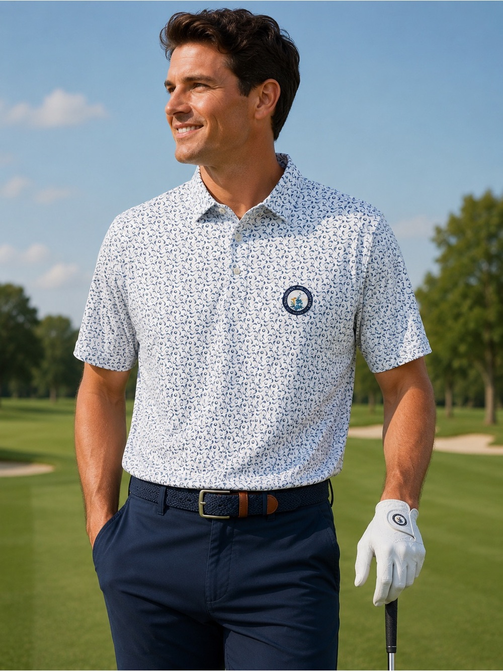 Ralph Lauren White Polo with Navy Micro-Print